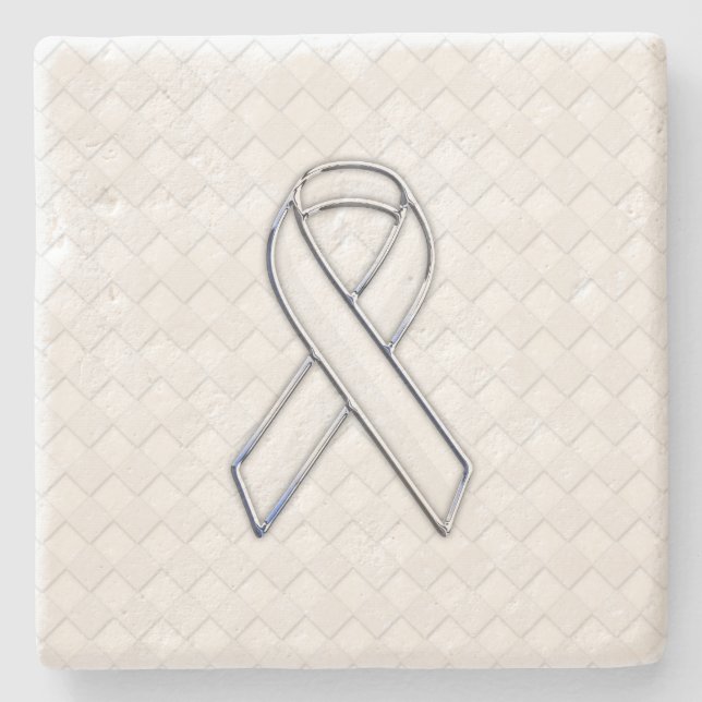 Chrome White Ribbon Awareness on Checkers Steinuntersetzer (Vorderseite)