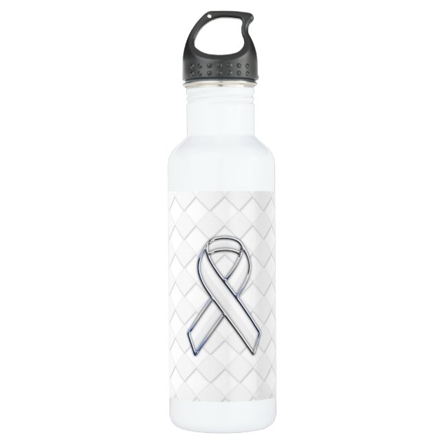 Chrome White Ribbon-Bewusstsein auf Schachbretter  Trinkflasche (Vorderseite)