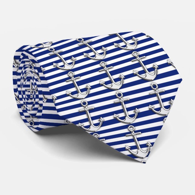 Chrome wie Anchor Nautical Navy Blue Stripes Krawatte (Gerollt)
