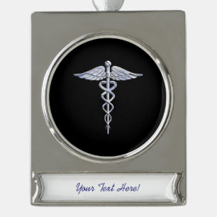 Chrome wie Caduceus Medical Symbol Banner-Ornament Silber