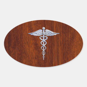 Chrome wie Caduceus Medical Symbol Mahogany Brown Ovaler Aufkleber