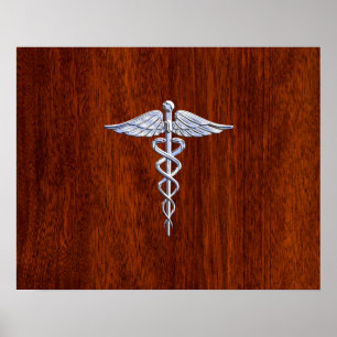 Chrome wie Caduceus Medical Symbol Mahogany Brown Poster