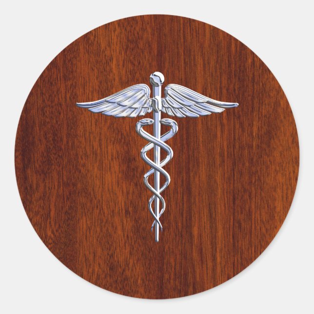 Chrome wie Caduceus Medical Symbol Mahogany Brown Runder Aufkleber (Vorderseite)