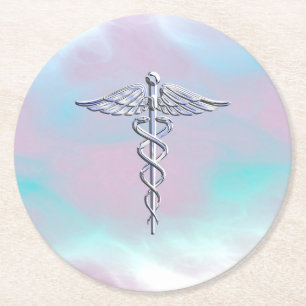 Chrome wie Caduceus Medical Symbol Mother Pearl Runder Pappuntersetzer