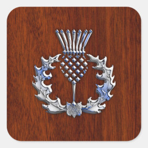 Chrome wie Mahogany Wood Grain Scottish Thistle Quadratischer Aufkleber