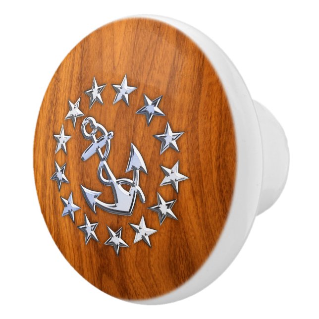 Chrome Yacht Flag auf Teak Wood Grain Print Keramikknauf (Rechts)