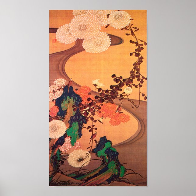 Chrysanthemas durch einen Fluss mit Felsen (1760) Poster (Vorne)