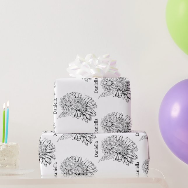 Chrysantheme Schwarz Linienzeichnung mit Ihrem Nam Geschenkpapier (Partygeschenke)
