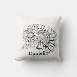Chrysantheme Schwarz Linienzeichnung mit Ihrem Nam Kissen