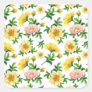 Chrysanthemen Aquarell: Nahtloses florales Design Quadratischer Aufkleber