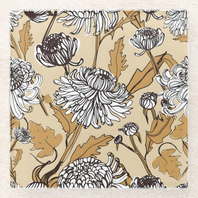Chrysanthemen-Blumen nahtloses Muster Glasuntersetzer (Vorderseite)