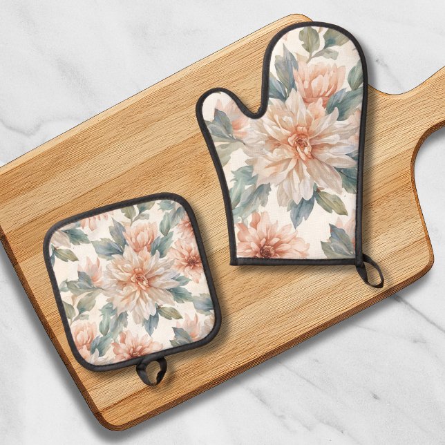 Chrysanthemen-Blumen Wasserfarben Botanisches Must Ofenhandschuh & Topflappen-Set (Von Creator hochgeladen)