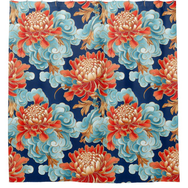 Chrysanthemen, Hintergrund der chinesischen Wolken Duschvorhang (Vorderseite)