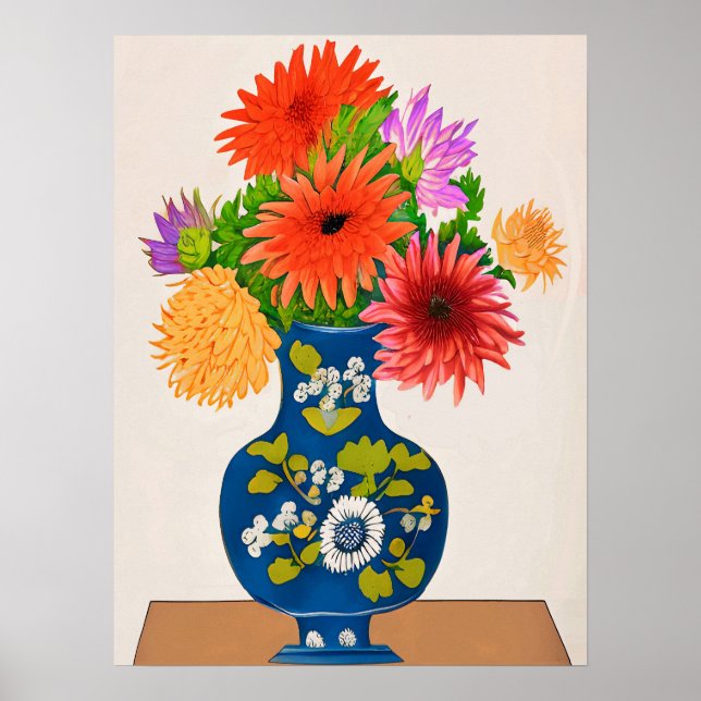 Chrysanthemen in einer blauen chinesischen Vase Poster (Vorne)