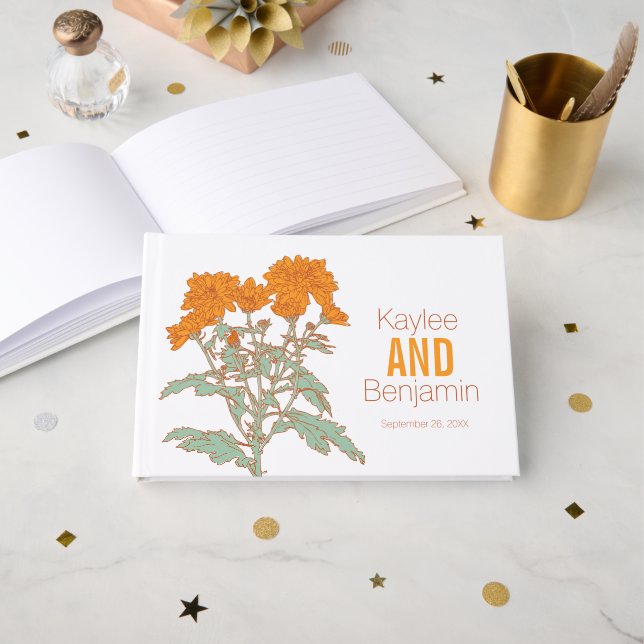 Chrysanthemen orange Herbstblumen Hochzeit  Gästebuch (Vorderseite Offen)