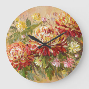 Chrysanthemenwiese: Acryl-Handmalerei. Große Wanduhr