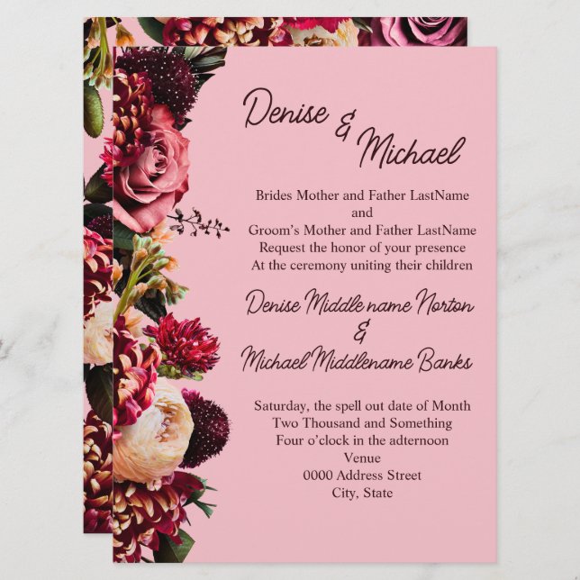 Chrysanthemum auf Almond Blossom Pink Einladung (Vorne/Hinten)