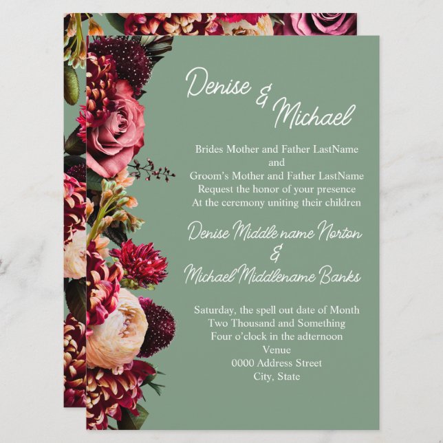 Chrysanthemum auf Basil Green Einladung (Vorne/Hinten)