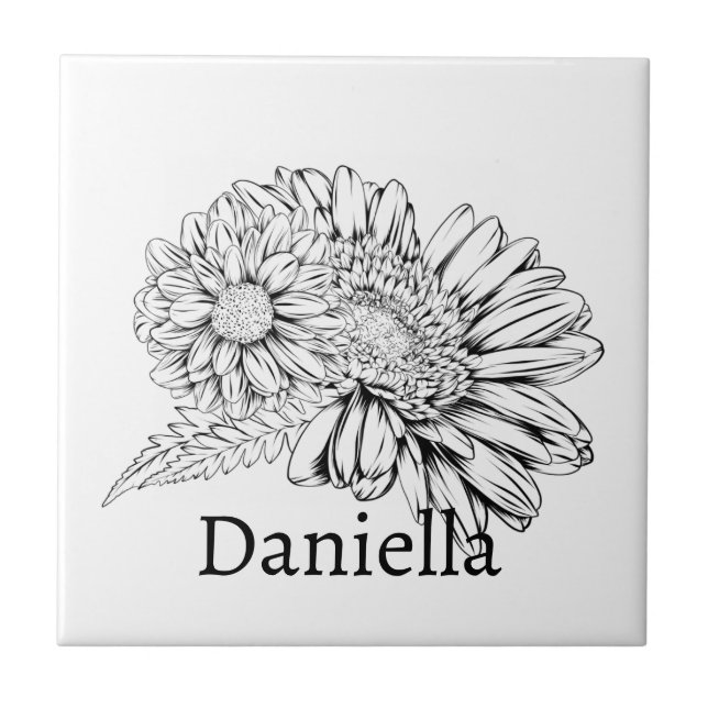 Chrysanthemum Black Line Drawing with Your Name  Fliese (Vorderseite)