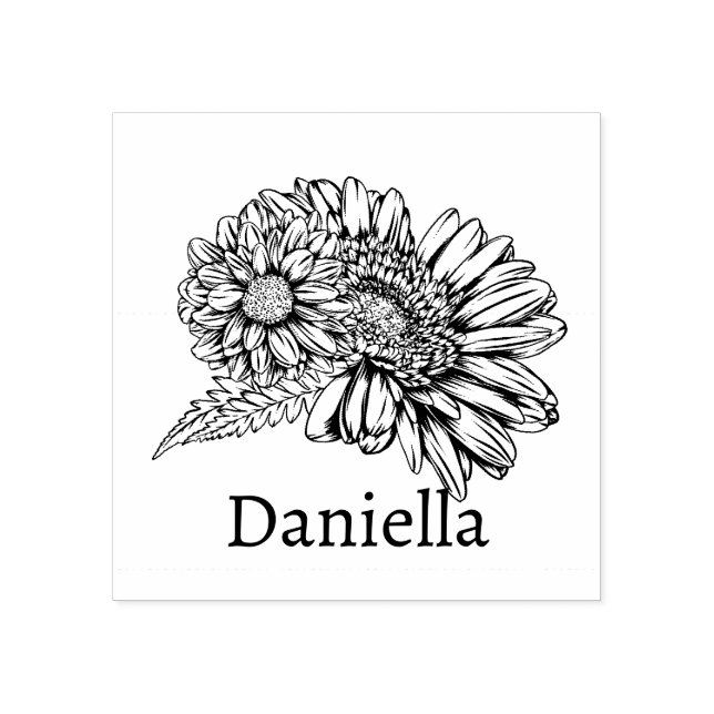 Chrysanthemum Black Line Drawing with Your Name  Gummistempel (Prägung)