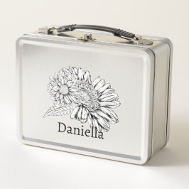 Chrysanthemum Black Line Drawing with Your Name Metall Brotdose