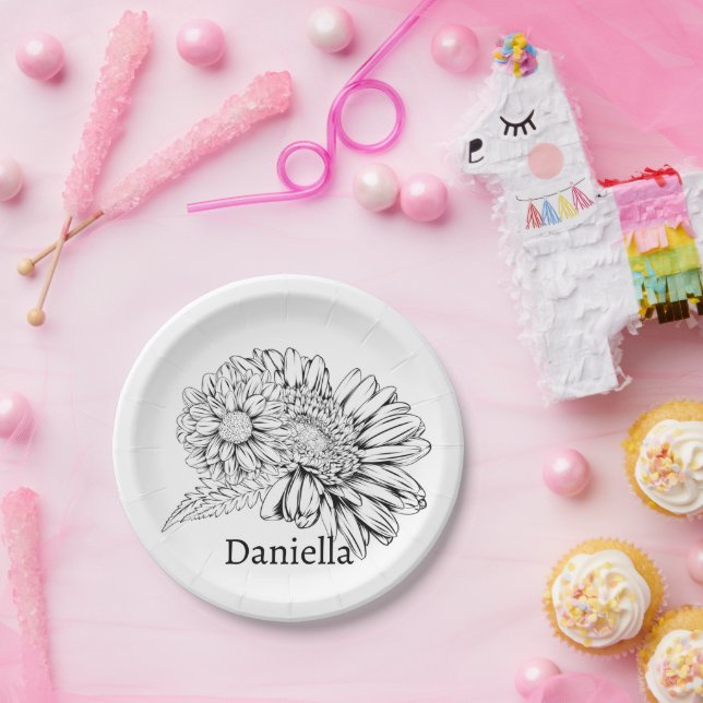 Chrysanthemum Black Line Drawing with Your Name  Pappteller (Party)