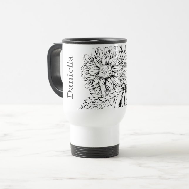 Chrysanthemum Black Line Drawing with Your Name  Reisebecher (Vorderseite Links)