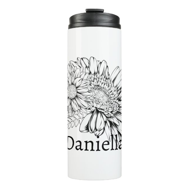Chrysanthemum Black Line Drawing with Your Name  Thermosbecher (Vorderseite)