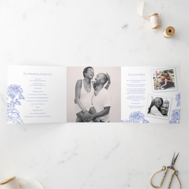 Chrysanthemum-blaue Blume zeichnend Dreifach-gefaltete Programmkarte (Innenseite)