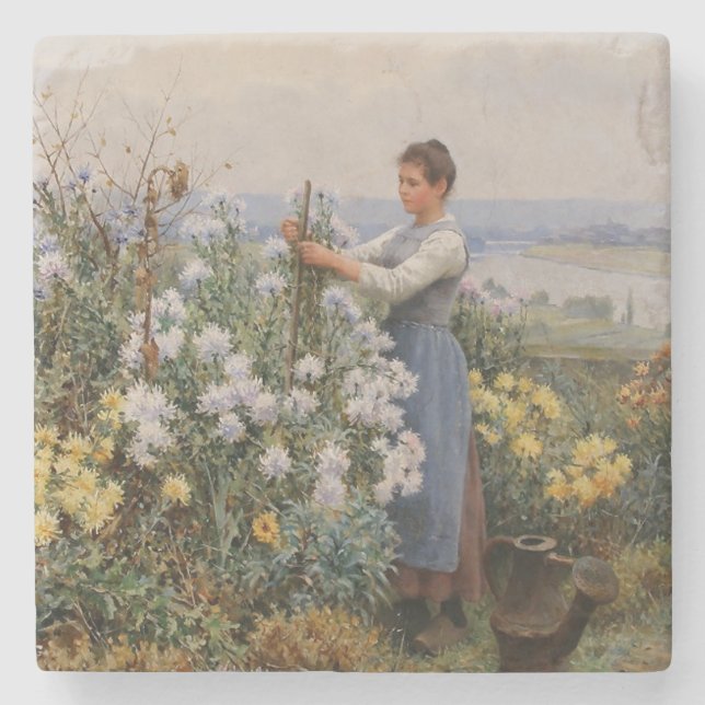 Chrysanthemum Blume (Mädchen im Garten) Steinuntersetzer (Vorderseite)