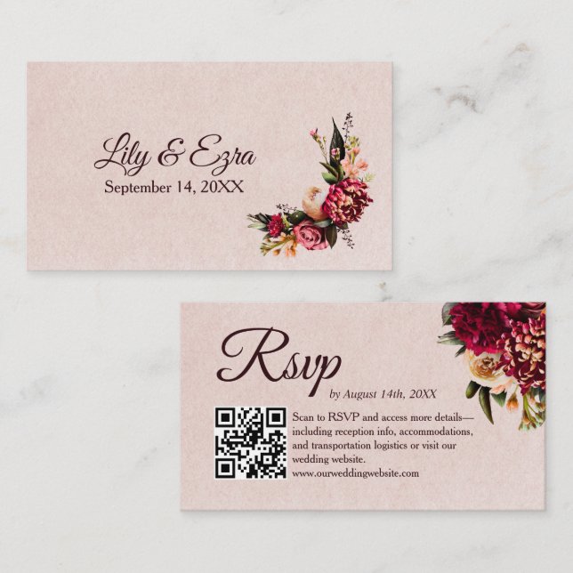 Chrysanthemum Elegant Burgundy RSVP Card QR Code Begleitkarte (Vorne/Hinten)