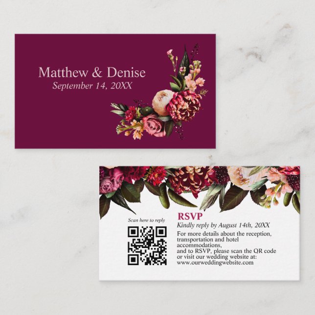 Chrysanthemum Elegant Burgundy RSVP Card QR Code Begleitkarte (Vorne/Hinten)