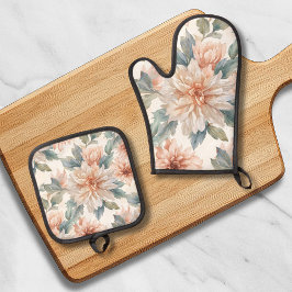 Chrysanthemum Flowers Watercolor Botanical Pattern Ofenhandschuh & Topflappen-Set