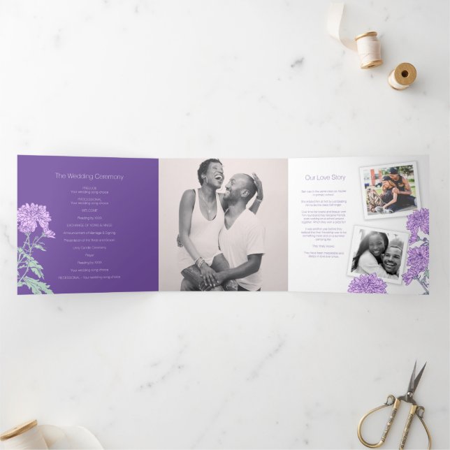 Chrysanthemum lila Blume zeichnend Dreifach-gefaltete Programmkarte (Innenseite)