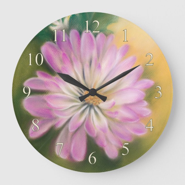 Chrysanthemum Pink und Cream Pastel Floral Große Wanduhr (Vorderseite)