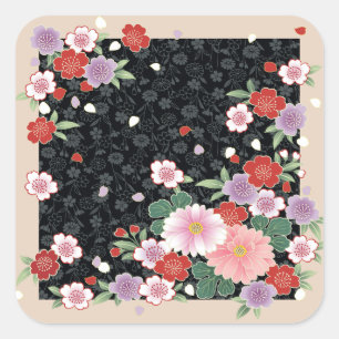 Chrysanthemum & Sakura Japanische Feine Kunst Quadratischer Aufkleber