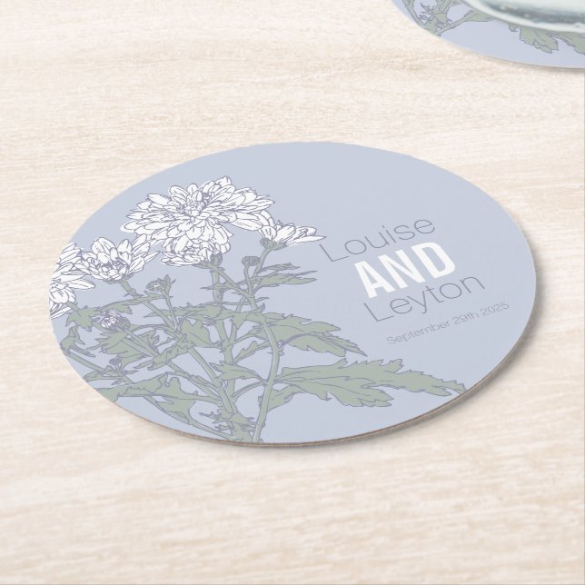 Chrysanthemum white Blume art grau Papier Unterset Runder Pappuntersetzer (Angewinkelt)