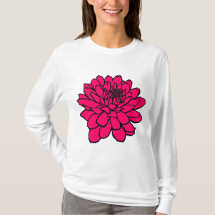 Chrysanthemum Zeichnend - Schwarz und Neon Rot T-Shirt