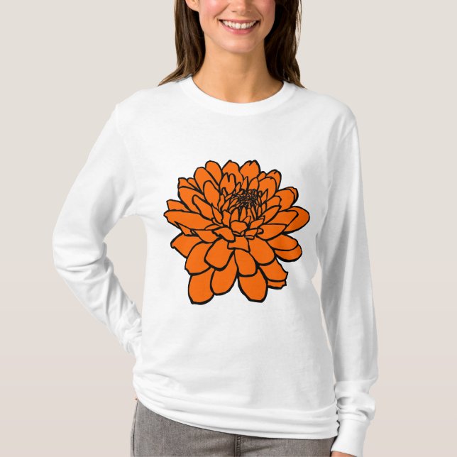 Chrysanthemum Zeichnend - Schwarz und Orange T-Shirt (Vorderseite)