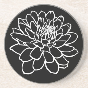 Chrysanthemum Zeichnend - Weiß auf Schwarz Getränkeuntersetzer