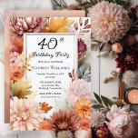Chrysanthemums Peonies Floral 40th Birthday Party Einladung<br><div class="desc">Elegant chrysanthemums and peonies floral design "40th Birthday Party" featuring a floral frame of mums and peony flowers in burgundy,  burnt orange,  apricot and pink on a white background center panel.  Back design features a multi-layered coordinating colors watercolor background</div>