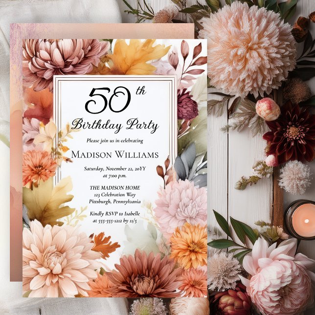 Chrysanthemums Peonies Floral 50th Birthday Party Einladung (Elegant Boho Chrysanthemums and Peonies Floral 50th Birthday Party Invitation - Print | Digital)