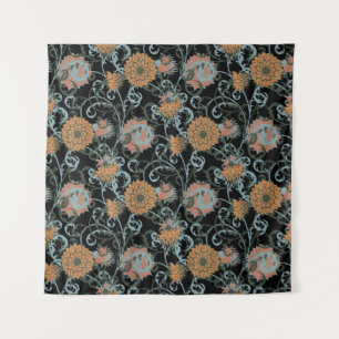 Chrysanthemums Schwarzer Hintergrund, floral Vinta Wandteppich