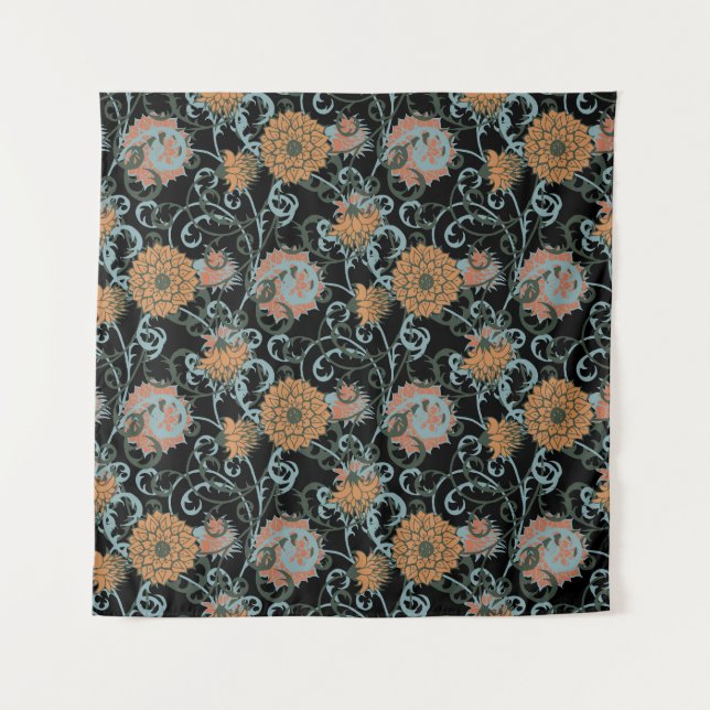 Chrysanthemums Schwarzer Hintergrund, floral Vinta Wandteppich (Vorderseite)