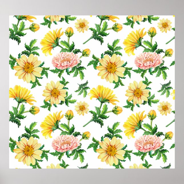 Chrysanthemums Wasserfarbe: Nahtloses Blumendesign Poster (Vorne)
