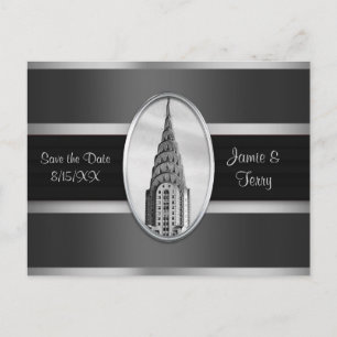 Chrysler Building Save the Date Grau Silber SW Ankündigungspostkarte