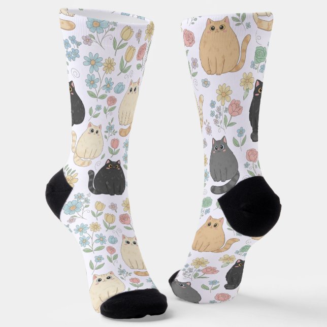 Chubby Cute Cats and Pastel Flowers Pattern Socks Socken (Gewinkelt)