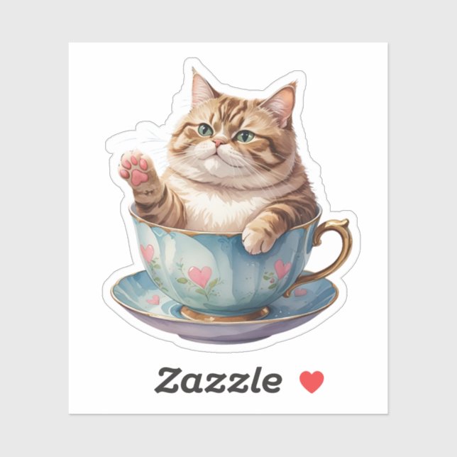 Chubby-Katze in einem Teacup-Aufkleber | Niedliche Aufkleber (Blatt)