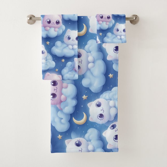 "Chubby Kawaii Cats and Clouds 3D Nahtlose Muster Badhandtuch Set (Insitu)