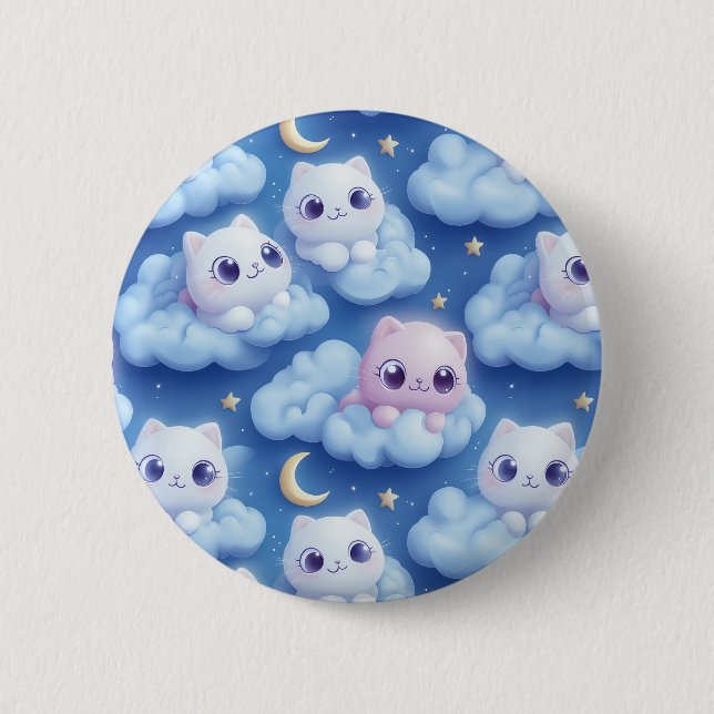 "Chubby Kawaii Cats and Clouds 3D Nahtlose Muster Button (Vorderseite)